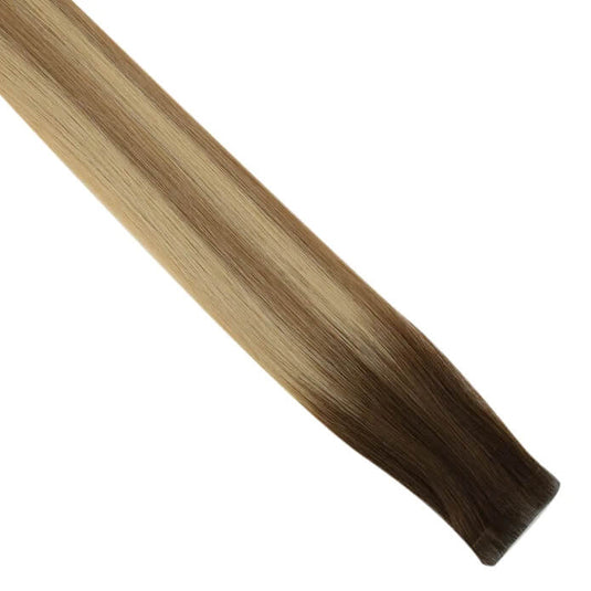 Moresoo brown blonde balayage highlights, 16-inch balayage tape ins, high-quality balayage hair extensions, premium deep brown blonde balayage, seamless balayage highlights, luxurious brown blonde balayage, invisible balayage tape ins, smooth brown blonde balayage, salon-quality balayage extensions, natural balayage hair