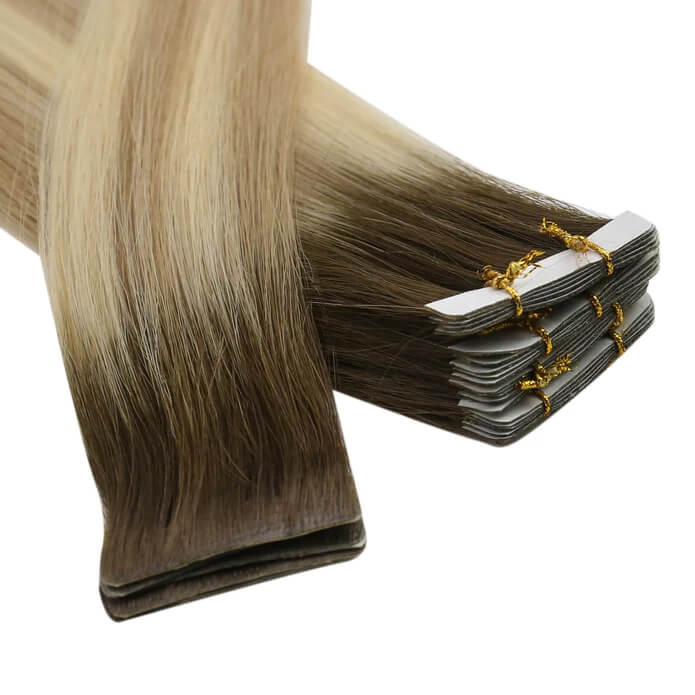 Load image into Gallery viewer, Moresoo brown to blonde ombre hair extensions, luxurious deep brown blonde ombre hair, 14-inch ombre tape ins, high-quality brown blonde ombre extensions, seamless deep brown blonde ombre extensions, invisible brown blonde ombre tape ins, premium ombre balayage hair, salon-quality brown blonde ombre extensions, smooth deep brown to blonde ombre
