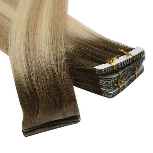 Moresoo brown to blonde ombre hair extensions, luxurious deep brown blonde ombre hair, 14-inch ombre tape ins, high-quality brown blonde ombre extensions, seamless deep brown blonde ombre extensions, invisible brown blonde ombre tape ins, premium ombre balayage hair, salon-quality brown blonde ombre extensions, smooth deep brown to blonde ombre