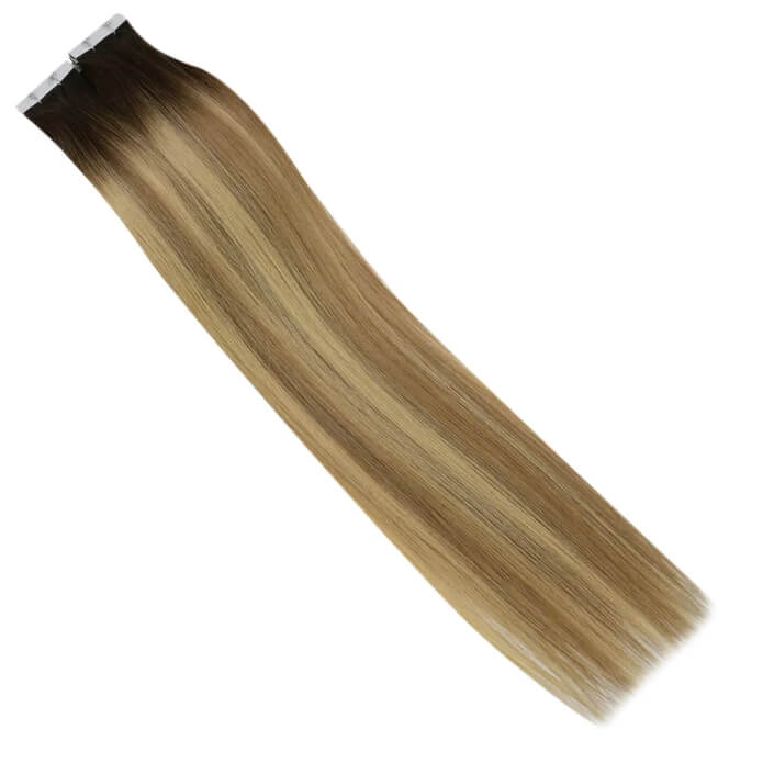 Load image into Gallery viewer, Moresoo deep brown blonde balayage tape ins, 18-inch balayage highlights, seamless balayage hair extensions, premium brown blonde balayage, luxurious deep brown blonde balayage, invisible balayage extensions, natural brown blonde balayage highlights, smooth balayage hair, salon-quality balayage extensions, high-quality balayage highlights
