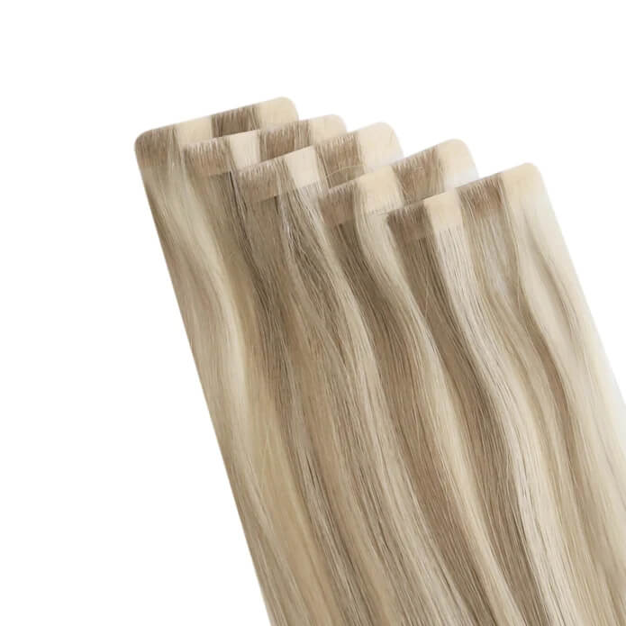 Load image into Gallery viewer, Moresoo golden blonde light brown balayage extensions, 18-inch tape-ins, high-quality golden highlights, seamless balayage hair, natural brown blonde mix, premium light brown blonde, smooth ombre extensions, luxurious golden blonde balayage, invisible tape-in extensions, salon-quality balayage highlights
