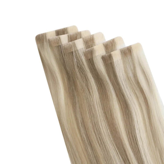 Moresoo golden blonde light brown balayage extensions, 18-inch tape-ins, high-quality golden highlights, seamless balayage hair, natural brown blonde mix, premium light brown blonde, smooth ombre extensions, luxurious golden blonde balayage, invisible tape-in extensions, salon-quality balayage highlights