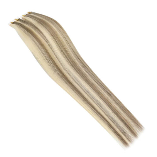 Moresoo light brown golden balayage highlights, 16-inch extensions, seamless ombre balayage, natural golden brown mix, high-quality blonde highlights, premium light brown blonde hair, smooth balayage tape ins, invisible extensions, luxurious balayage highlights, salon-quality extensions