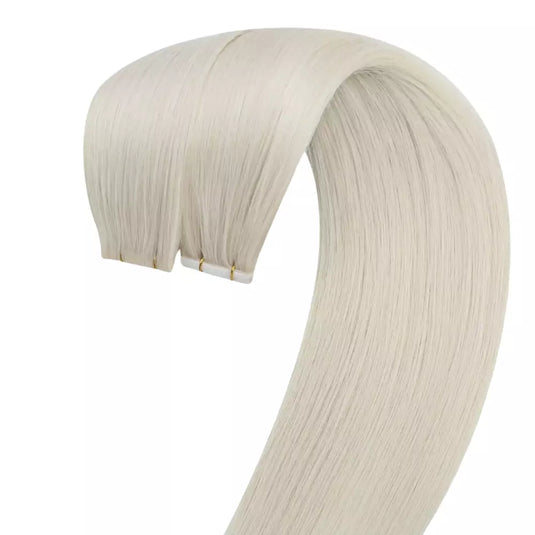 Blonde hair extensions in a U-shaped display on a white background