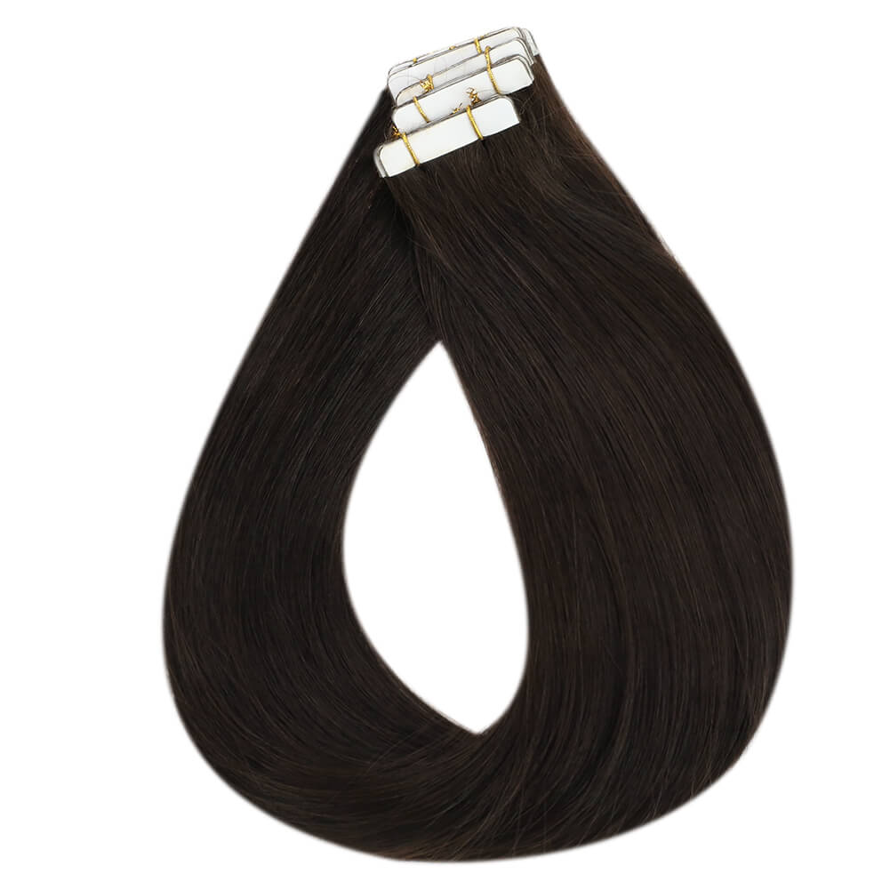 virgin hair tape in extensions, dark brown tape in hair extensions, natural brown tape in extensions, high-quality deep brown extensions, invisible tape in extensions for brown hair, smooth deep brown extensions, seamless hair extensions for dark brown hair, deep brown invisible tape in hair