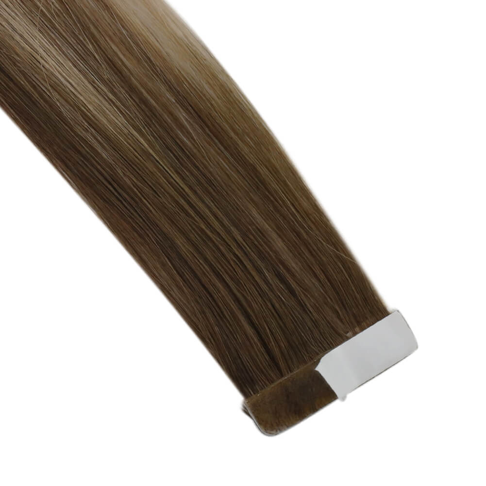 Moresoo high-quality medium brown balayage hair, invisible balayage tape in extensions, 18-inch medium brown balayage hair extensions, salon-grade balayage extensions from Moresoo, smooth and natural medium brown balayage tape in hair, premium medium brown balayage tape ins