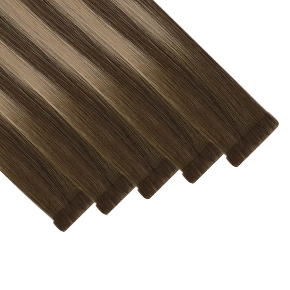 Moresoo medium brown balayage tape in extensions, invisible tape in with medium brown balayage, 16-inch medium brown balayage hair extensions, high-quality medium brown balayage tape in extensions, smooth balayage extensions by Moresoo, luxurious medium brown balayage tape in