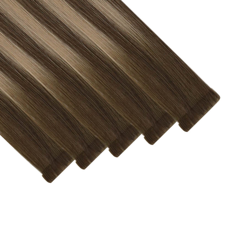 Load image into Gallery viewer, Moresoo medium brown balayage tape in extensions, invisible tape in with medium brown balayage, 16-inch medium brown balayage hair extensions, high-quality medium brown balayage tape in extensions, smooth balayage extensions by Moresoo, luxurious medium brown balayage tape in
