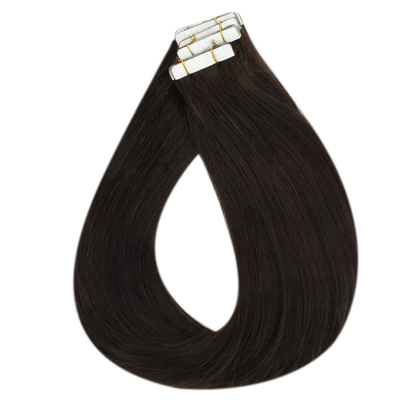 Load image into Gallery viewer, virgin hair tape in extensions, dark brown tape in hair extensions, natural brown tape in extensions, high-quality deep brown extensions, invisible tape in extensions for brown hair, smooth deep brown extensions, seamless hair extensions for dark brown hair, deep brown invisible tape in hair
