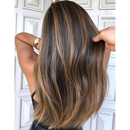 Moresoo Remy Hair Front Lace Wigs Straight Chocolate Brown #4 Highlight With Blonde #27(P4/27)