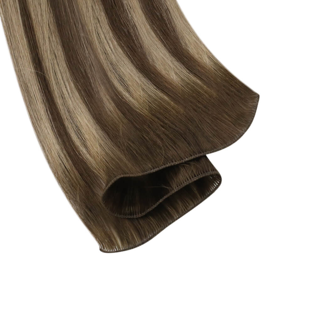 natural blend hand tied weft extensions with salon-quality feel thin, seamless hand tied weft hair for volume and comfort