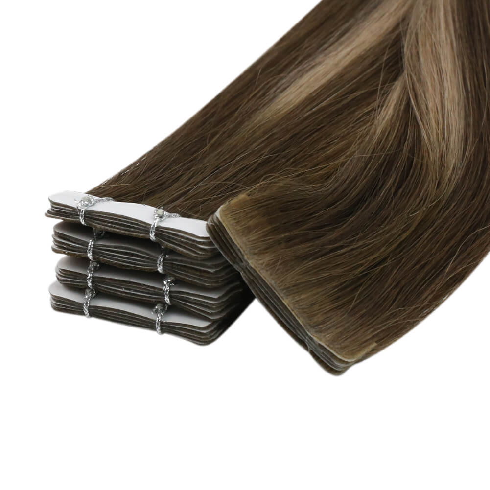 Moresoo 14-inch medium brown balayage extensions, invisible balayage tape ins with medium brown tones, high-quality medium brown balayage hair extensions, luxurious medium brown balayage hair from Moresoo, smooth and natural balayage hair, 16-inch medium brown balayage tape in
