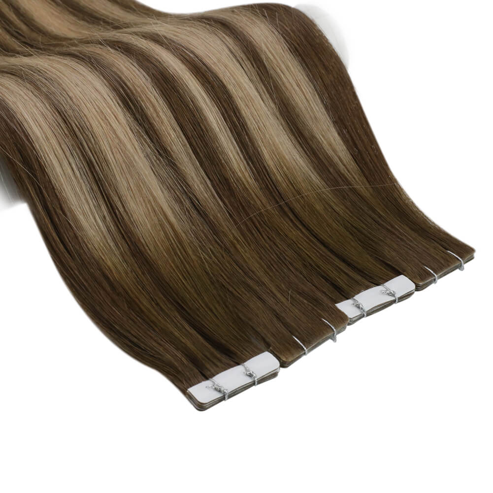 Moresoo premium medium brown balayage tape in extensions, invisible medium brown balayage hair, 20-inch medium brown balayage tape ins, luxurious medium brown balayage extensions by Moresoo, high-quality balayage hair with medium brown shades, smooth balayage hair extensions