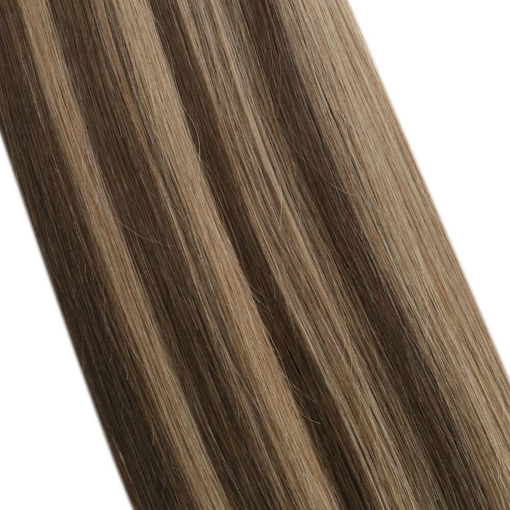 Moresoo medium brown balayage hair extensions, 18-inch medium brown balayage tape ins, premium medium brown balayage hair from Moresoo, invisible medium brown balayage tape in, smooth balayage tape ins with medium brown highlights, salon-quality medium brown balayage hair