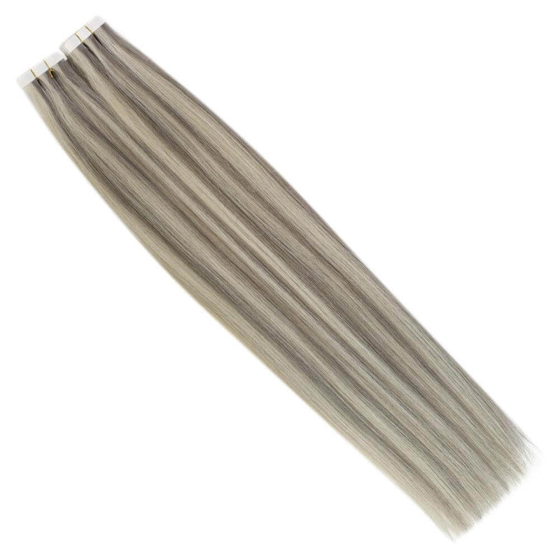 Load image into Gallery viewer, light gray blonde highlights tape in extensions, 14-inch tape in extensions with light ash blonde, seamless light blonde highlights tape in, 16-inch gray blonde highlights tape in, smooth ash blonde extensions, 18-inch tape in with ash blonde highlights, high-quality tape in extensions with light gray blonde
