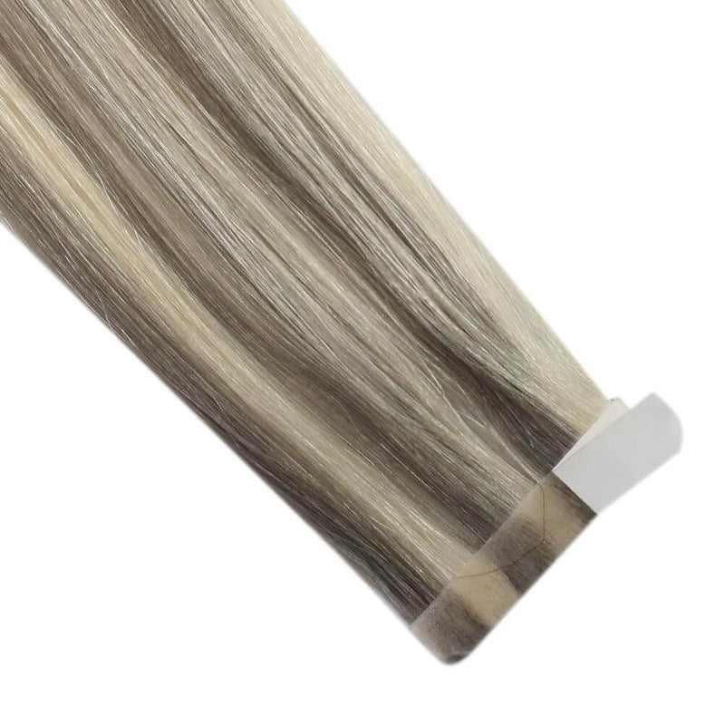 Load image into Gallery viewer, 18-inch ash blonde highlights tape in extensions, 20-inch light ash blonde highlights tape in, invisible tape in hair extensions with gray blonde highlights, high-quality tape in extensions for gray blonde hair, 22-inch ash blonde highlights, seamless light blonde highlights tape in, 24-inch light ash blonde highlights
