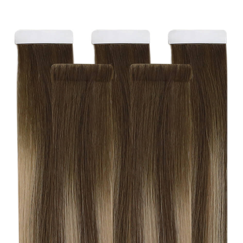 Moresoo 18-inch medium brown balayage hair extensions, invisible medium brown balayage tape in hair, salon-quality medium brown balayage tape ins from Moresoo, luxurious balayage hair with medium brown tones, smooth and natural balayage tape in extensions