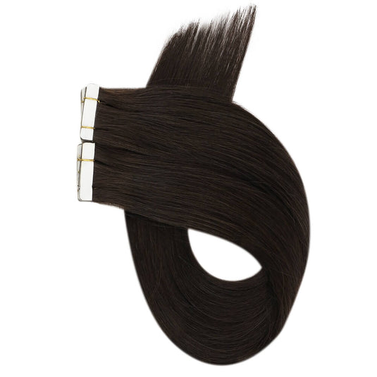 invisible tape in brown extensions, deep brown virgin hair tape in, smooth tape in hair extensions, high-quality natural brown extensions, seamless brown hair tape in, tape in extensions for brown hair, soft brown virgin hair extensions, deep brown seamless tape in extensions