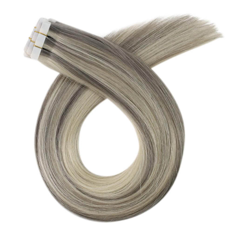 Load image into Gallery viewer, 16-inch tape in extensions with ash blonde highlights, 14-inch light ash blonde highlights tape in, high-quality gray blonde highlights tape in, seamless tape in extensions for light blonde hair, 18-inch light blonde highlights tape in, smooth ash blonde tape in extensions, 20-inch gray blonde highlights tape in
