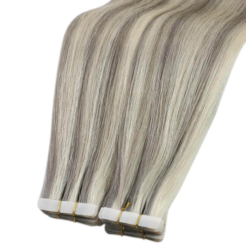 Load image into Gallery viewer, seamless tape in with light gray blonde highlights, 16-inch light ash blonde highlights tape in, 20-inch gray blonde highlights tape in extensions, invisible tape in hair extensions for light ash blonde, 18-inch tape in extensions with ash blonde highlights, 24-inch ash blonde highlights tape in, smooth tape in with light blonde highlights
