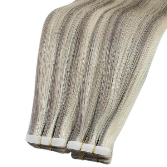 seamless tape in with light gray blonde highlights, 16-inch light ash blonde highlights tape in, 20-inch gray blonde highlights tape in extensions, invisible tape in hair extensions for light ash blonde, 18-inch tape in extensions with ash blonde highlights, 24-inch ash blonde highlights tape in, smooth tape in with light blonde highlights