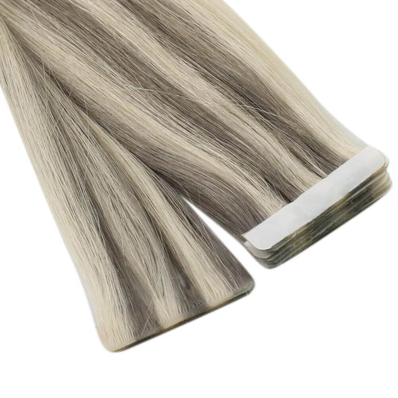 Load image into Gallery viewer, 14-inch gray blonde highlights tape in extensions, seamless tape in hair with light ash blonde highlights, high-quality 16-inch tape in extensions, 18-inch light blonde highlights tape in, 20-inch ash blonde highlights extensions, smooth light ash blonde tape in extensions, 22-inch light gray blonde highlights
